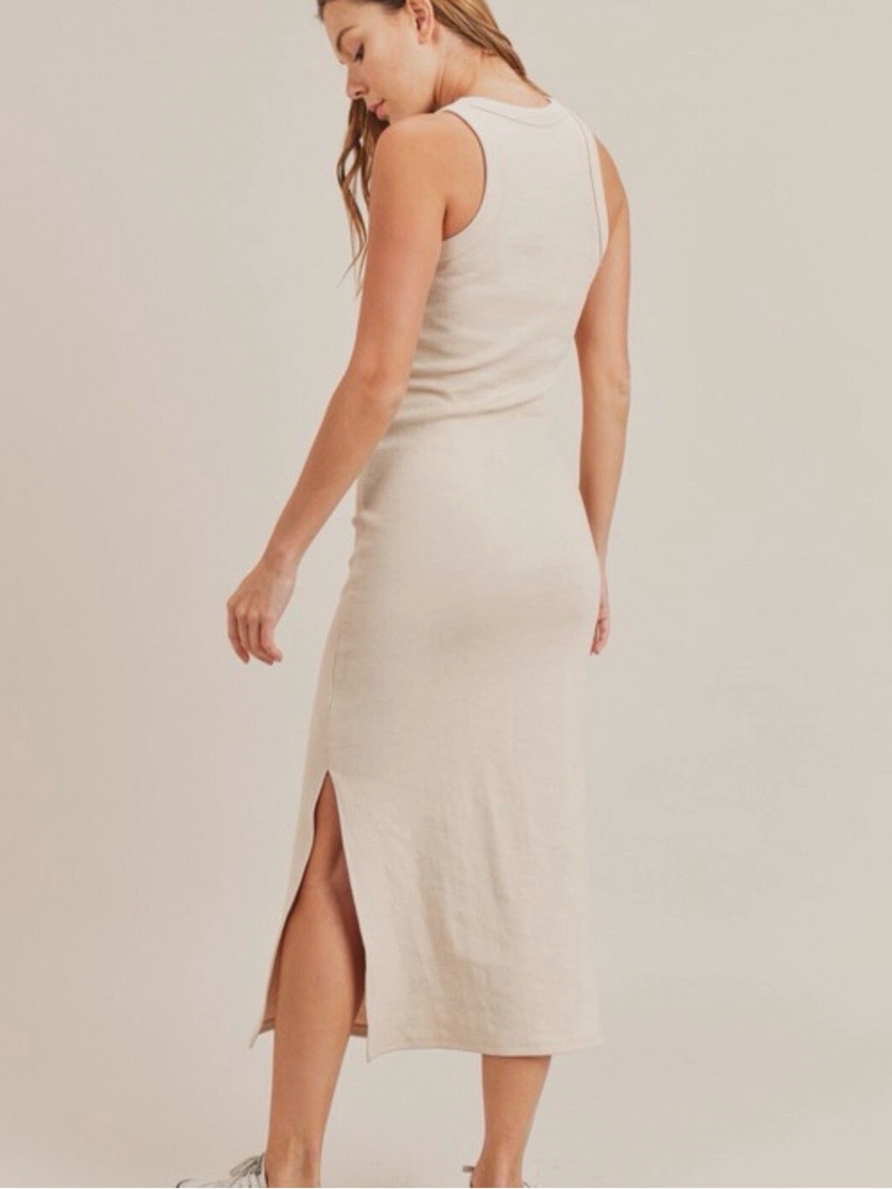 Mable Oatmeal Beige Ribbed Knit Racerback Midi Tank Dress Sz L - Picture 13 of 15
